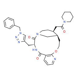ChemSpider 2D Image | (1R,13R,18S)-13-[(1-Benzyl-1H-1,2,3-triazol-4-yl)methyl]-18-[2-oxo-2-(1-piperidinyl)ethyl]-4-oxa-6,12,15-triazatricyclo[13.3.1.0~5,10~]nonadeca-5,7,9-triene-11,14-dione | C32H39N7O4