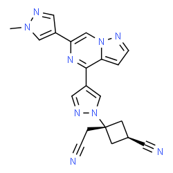 ChemSpider 2D Image | trans-3-(Cyanomethyl)-3-{4-[6-(1-methyl-1H-pyrazol-4-yl)pyrazolo[1,5-a]pyrazin-4-yl]-1H-pyrazol-1-yl}cyclobutanecarbonitrile | C20H17N9
