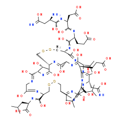 ChemSpider 2D Image | (Z)-N-{[(1R,2Z,4S,5Z,7S,8Z,10S,11Z,13S,14Z,16S,17E,19S,20E,22S,23E,25R,30E,32S,33Z,36Z,38R)-25-{(Z)-[(2S)-2-{(Z)-[(2S)-2-{(Z)-[(2R)-2-Amino-1,4-dihydroxy-4-iminobutylidene]amino}-3-carboxy-1-hydroxypr
opylidene]amino}-4-carboxy-1-hydroxybutylidene]amino}-22-(2-carboxyethyl)-3,6,9,12,15,18,21,24,30,33,36-undecahydroxy-32-[(1R)-1-hydroxyethyl]-10-(2-hydroxy-2-iminoethyl)-19-isobutyl-7,13-diisopropyl-
4-methyl-27,28,40,41-tetrathia-2,5,8,11,14,17,20,23,31,34,37-undecaazabicyclo[14.13.13]dotetraconta-2,5,8,11,14,17,20,23,30,33,36-undecaen-38-yl](hydroxy)methylene}-D-leucine | C65H104N18O26S4
