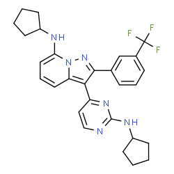 ChemSpider 2D Image | N-Cyclopentyl-3-[2-(cyclopentylamino)-4-pyrimidinyl]-2-[3-(trifluoromethyl)phenyl]pyrazolo[1,5-a]pyridin-7-amine | C28H29F3N6