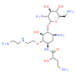 ChemSpider 2D Image | (2S)-4-Amino-N-{(1R,2S,3R,4R,5S)-5-amino-2-{2-[(2-aminoethyl)amino]ethoxy}-4-[(2,6-diamino-2,6-dideoxy-alpha-D-glucopyranosyl)oxy]-3-hydroxycyclohexyl}-2-hydroxybutanamide | C20H43N7O8