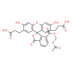 ChemSpider 2D Image | 3,3'-{7-[(Acetoxymethoxy)carbonyl]-3',6'-dihydroxy-3-oxo-3H-spiro[2-benzofuran-1,9'-xanthene]-2',7'-diyl}dipropanoic acid | C30H24O13