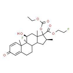 ChemSpider 2D Image | 2-Fluoroethyl (8xi,10xi,11beta,13xi,14xi,16beta)-17-[(ethoxycarbonyl)oxy]-9-fluoro-11-hydroxy-16-methyl-3-oxoandrosta-1,4-diene-17-carboxylate | C26H34F2O7