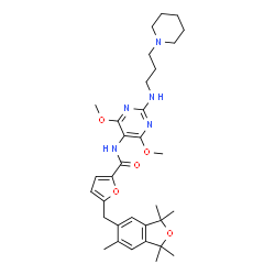 ChemSpider 2D Image | N-(4,6-Dimethoxy-2-{[3-(1-piperidinyl)propyl]amino}-5-pyrimidinyl)-5-[(1,1,3,3,6-pentamethyl-1,3-dihydro-2-benzofuran-5-yl)methyl]-2-furamide | C33H45N5O5