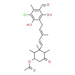 ChemSpider 2D Image | 3-[(1E,3E)-5-(3-Chloro-5-formyl-2,6-dihydroxy-4-methylphenyl)-3-methyl-1,3-pentadien-1-yl]-2,3,4-trimethyl-5-oxocyclohexyl acetate | C25H31ClO6