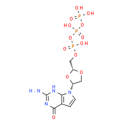 ChemSpider 2D Image | Triphosphoric acid, mono[[(2R,4R)-4-(2-amino-1,4-dihydro-4-oxo-7H-pyrrolo[2,3-d]pyrimidin-7-yl)-1,3-dioxolan-2-yl]methyl] ester | C10H15N4O13P3