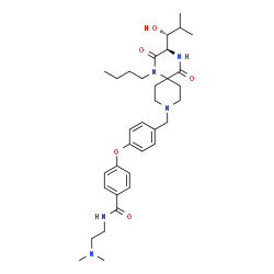 ChemSpider 2D Image | 4-[4-({(3R)-1-Butyl-3-[(1R)-1-hydroxy-2-methylpropyl]-2,5-dioxo-1,4,9-triazaspiro[5.5]undec-9-yl}methyl)phenoxy]-N-[2-(dimethylamino)ethyl]benzamide | C34H49N5O5