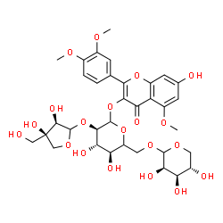 ChemSpider 2D Image | 2-(3,4-Dimethoxyphenyl)-7-hydroxy-5-methoxy-4-oxo-4H-chromen-3-yl (5xi)-2-O-[(3R,4R)-3,4-dihydroxy-4-(hydroxymethyl)tetrahydro-2-furanyl]-6-O-L-lyxopyranosyl-D-xylo-hexopyranoside | C34H42O20