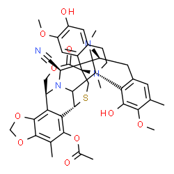 ChemSpider 2D Image | (1R,1'R,3'R,11'S,12'R,14'S)-12'-Cyano-5',6-dihydroxy-6',7-dimethoxy-2,7',21',30'-tetramethyl-27'-oxo-3,4-dihydro-2H-spiro[isoquinoline-1,26'-[17,19,28]trioxa[24]thia[13,30]diazaheptacyclo[12.9.6.1~3,1
1~.0~2,13~.0~4,9~.0~15,23~.0~16,20~]triaconta[4,6,8,15,20,22]hexaen]-22'-yl acetate | C41H44N4O10S
