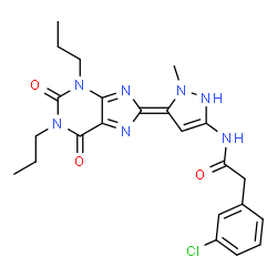 ChemSpider 2D Image | 2-(3-Chlorophenyl)-N-[(5Z)-5-(2,6-dioxo-1,3-dipropyl-1,2,3,6-tetrahydro-8H-purin-8-ylidene)-1-methyl-2,5-dihydro-1H-pyrazol-3-yl]acetamide | C23H26ClN7O3