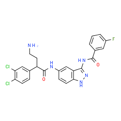 ChemSpider 2D Image | N-(5-{[4-Amino-2-(3,4-dichlorophenyl)butanoyl]amino}-1H-indazol-3-yl)-3-fluorobenzamide | C24H20Cl2FN5O2