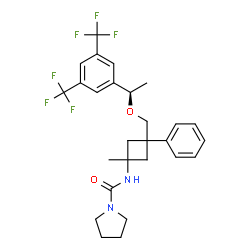 ChemSpider 2D Image | N-[3-({(1R)-1-[3,5-Bis(trifluoromethyl)phenyl]ethoxy}methyl)-1-methyl-3-phenylcyclobutyl]-1-pyrrolidinecarboxamide | C27H30F6N2O2