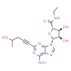 ChemSpider 2D Image | (2S,3S,4R,5R)-5-[6-Amino-2-(4-hydroxy-1-pentyn-1-yl)-9H-purin-9-yl]-N-ethyl-3,4-dihydroxytetrahydro-2-furancarboxamide | C17H22N6O5