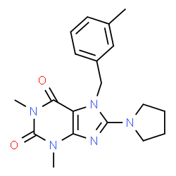 ChemSpider 2D Image | 1,3-Dimethyl-7-(3-methyl-benzyl)-8-pyrrolidin-1-yl-3,7-dihydro-purine-2,6-dione | C19H23N5O2
