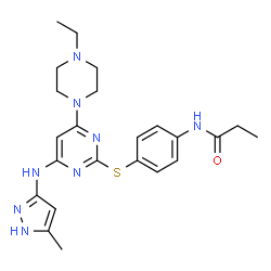 ChemSpider 2D Image | N-[4-({4-(4-Ethyl-1-piperazinyl)-6-[(5-methyl-1H-pyrazol-3-yl)amino]-2-pyrimidinyl}sulfanyl)phenyl]propanamide | C23H30N8OS