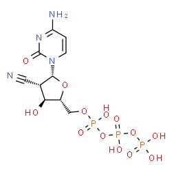 ChemSpider 2D Image | 4-Amino-1-[2-cyano-2-deoxy-5-O-(hydroxy{[hydroxy(phosphonooxy)phosphoryl]oxy}phosphoryl)-beta-D-arabinofuranosyl]-2(1H)-pyrimidinone | C10H15N4O13P3