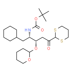 ChemSpider 2D Image | 2-Methyl-2-propanyl [(2S,3S)-1-cyclohexyl-5-(1,3-dithian-2-yl)-5-oxo-3-(tetrahydro-2H-pyran-2-yloxy)-2-pentanyl]carbamate | C25H43NO5S2
