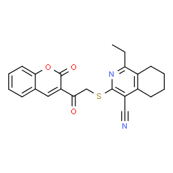 ChemSpider 2D Image | 1-Ethyl-3-{[2-oxo-2-(2-oxo-2H-chromen-3-yl)ethyl]sulfanyl}-5,6,7,8-tetrahydro-4-isoquinolinecarbonitrile | C23H20N2O3S