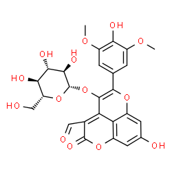 ChemSpider 2D Image | 3-Formyl-8-hydroxy-5-(4-hydroxy-3,5-dimethoxyphenyl)-2-oxo-2H-pyrano[4,3,2-de]chromen-4-yl beta-D-glucopyranoside | C26H24O14