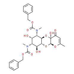 ChemSpider 2D Image | Dibenzyl [(4aR,5aR,6S,7S,8R,9S,9aR,10aR)-4a,7,9-trihydroxy-2-methyl-4-oxo-4a,5a,6,7,8,9,9a,10a-octahydro-4H-pyrano[2,3-b][1,4]benzodioxine-6,8-diyl]bis(methylcarbamate) | C30H34N2O11