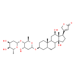 ChemSpider 2D Image | (3beta,5beta,8xi,9xi,12beta)-3-{[2,6-Dideoxy-4-O-(2,6-dideoxy-beta-D-ribo-hexopyranosyl)-D-ribo-hexopyranosyl]oxy}-12,14-dihydroxycard-20(22)-enolide | C35H54O11