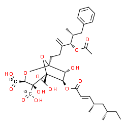 ChemSpider 2D Image | (1S,3S,4S,5R,6R,7R)-1-[(4S,5R)-4-Acetoxy-5-methyl-3-methylene-6-phenylhexyl]-6-{[(2E,4S,6S)-4,6-dimethyl-2-octenoyl]oxy}-4,7-dihydroxy-2,8-dioxabicyclo[3.2.1]octane-3,4,5-(3,4-~13~C_2_)tricarboxylic a
cid | C3313C2H46O14