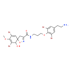 ChemSpider 2D Image | N-{3-[4-(2-Aminoethyl)-2,6-dibromophenoxy]propyl}-7,9-dibromo-10-hydroxy-8-methoxy-1-oxa-2-azaspiro[4.5]deca-2,6,8-triene-3-carboxamide | C21H23Br4N3O5