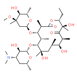 ChemSpider 2D Image | (3R,4S,5S,6R,7R,9R,10S,11S,13R,14R)-6-{[(2S,3R,4S,6R)-4-(Dimethylamino)-3-hydroxy-6-methyltetrahydro-2H-pyran-2-yl]oxy}-14-ethyl-7,10,13-trihydroxy-4-{[(2R,4R,5S,6S)-5-hydroxy-4-methoxy-4,6-dimethylte
trahydro-2H-pyran-2-yl]oxy}-3,5,7,9,11,13-hexamethyloxacyclotetradecane-2,12-dione | C37H67NO13