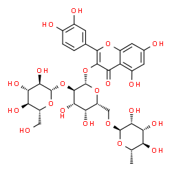 ChemSpider 2D Image | 2-(3,4-Dihydroxyphenyl)-5,7-dihydroxy-4-oxo-4H-chromen-3-yl 6-deoxy-alpha-L-mannopyranosyl-(1->6)-[beta-D-glucopyranosyl-(1->2)]-beta-D-galactopyranoside | C33H40O21