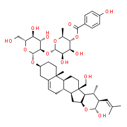 ChemSpider 2D Image | (2S,4aR,4bS,6aR,6bR,7S,8S,9R,10aS,11aS,11bR)-9-Hydroxy-6a-(hydroxymethyl)-4a,7-dimethyl-8-(2-methyl-1-propen-1-yl)-1,2,3,4,4a,4b,5,6,6a,6b,7,8,9,10a,11,11a,11b,12-octadecahydronaphtho[2',1':4,5]indeno
[2,1-b]pyran-2-yl 2-O-[6-deoxy-4-O-(4-hydroxybenzoyl)-alpha-L-mannopyranosyl]-beta-D-glucopyranoside | C46H66O15