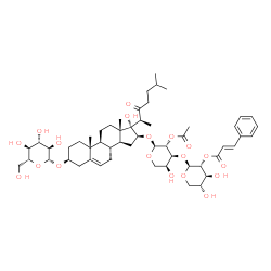 ChemSpider 2D Image | [(2S,3R,4S,5R)-2-[(2S,3R,4S,5S)-3-acetoxy-2-[[(3S,8R,9S,10R,13S,14S,16S,17S)-17-[(1S)-1,5-dimethyl-2-oxo-hexyl]-17-hydroxy-10,13-dimethyl-3-[(2R,3R,4S,5S,6R)-3,4,5-trihydroxy-6-(hydroxymethyl)tetrahydropyran-2-yl]oxy-1,2,3,4,7,8,9,11,12,14,15,16-dodecahydrocyclopenta[a]phenanthren-16-yl]oxy]-5-hydroxy-tetrahydropyran-4-yl]oxy-4,5-dihydroxy-tetrahydropyran-3-yl] (E)-3-phenylprop-2-enoate | C54H78O19