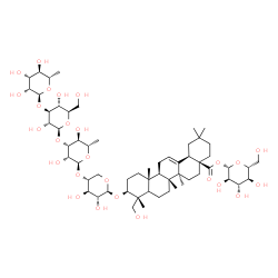 ChemSpider 2D Image | [(2S,3R,4S,5S,6R)-3,4,5-trihydroxy-6-(hydroxymethyl)tetrahydropyran-2-yl] (4aS,6aR,6aS,6bR,9R,10S,12aR,14bR)-10-[(2S,3R,4R,5R)-5-[(2S,3R,4R,5S,6S)-4-[(2S,3R,4S,5R,6R)-3,5-dihydroxy-6-(hydroxymethyl)-4-[(2S,3R,4R,5R,6S)-3,4,5-trihydroxy-6-methyl-tetrahydropyran-2-yl]oxy-tetrahydropyran-2-yl]oxy-3,5-dihydroxy-6-methyl-tetrahydropyran-2-yl]oxy-3,4-dihydroxy-tetrahydropyran-2-yl]oxy-9-(hydroxymethyl)-2,2,6a,6b,9,12a-hexamethyl-1,3,4,5,6,6a,7,8,8a,10,11,12,13,14b-tetradecahydropicene-4a-carboxylate | C59H96O26