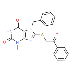 ChemSpider 2D Image | 7-Benzyl-3-methyl-8-[(2-oxo-2-phenylethyl)sulfanyl]-3,7-dihydro-1H-purine-2,6-dione | C21H18N4O3S