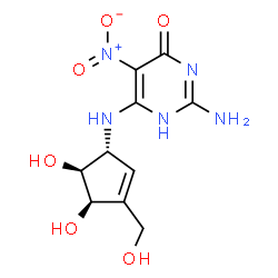 ChemSpider 2D Image | 2-Amino-6-{[(1R,4R,5S)-4,5-dihydroxy-3-(hydroxymethyl)-2-cyclopenten-1-yl]amino}-5-nitro-4(1H)-pyrimidinone | C10H13N5O6