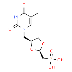 ChemSpider 2D Image | ({(2R,4S)-4-[(5-Methyl-2,4-dioxo-3,4-dihydro-1(2H)-pyrimidinyl)methyl]-1,3-dioxolan-2-yl}methyl)phosphonic acid | C10H15N2O7P