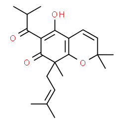 ChemSpider 2D Image | 5-Hydroxy-6-isobutyryl-2,2,8-trimethyl-8-(3-methyl-2-buten-1-yl)-2,8-dihydro-7H-chromen-7-one | C21H28O4