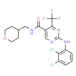 ChemSpider 2D Image | 2-[(2,3-Dichlorophenyl)amino]-N-(tetrahydro-2H-pyran-4-ylmethyl)-4-(trifluoromethyl)-5-pyrimidinecarboxamide | C18H17Cl2F3N4O2