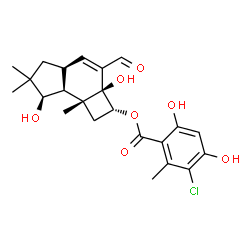 ChemSpider 2D Image | (2R,2aS,4aS,7R,7aS,7bR)-3-Formyl-2a,7-dihydroxy-6,6,7b-trimethyl-2,2a,4a,5,6,7,7a,7b-octahydro-1H-cyclobuta[e]inden-2-yl 3-chloro-4,6-dihydroxy-2-methylbenzoate | C23H27ClO7