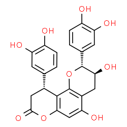 ChemSpider 2D Image | (2R,3S,10R)-2,10-Bis(3,4-dihydroxyphenyl)-3,5-dihydroxy-3,4,9,10-tetrahydro-2H,8H-pyrano[2,3-f]chromen-8-one | C24H20O9