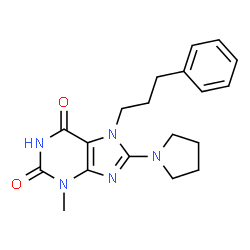 ChemSpider 2D Image | 3-Methyl-7-(3-phenylpropyl)-8-(1-pyrrolidinyl)-3,7-dihydro-1H-purine-2,6-dione | C19H23N5O2