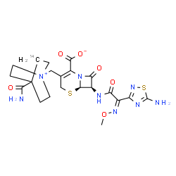 ChemSpider 2D Image | (6R,7R)-7-{[(2Z)-2-(5-Amino-1,2,4-thiadiazol-3-yl)-2-(methoxyimino)acetyl]amino}-3-{[4-carbamoyl(3-~14~C)-1-azoniabicyclo[2.2.2]oct-1-yl]methyl}-8-oxo-5-thia-1-azabicyclo[4.2.0]oct-2-ene-2-carboxylate | C2014CH26N8O6S2