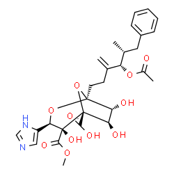 ChemSpider 2D Image | (1S,3R,4S,5R,6R,7R)-1-[(4S,5R)-4-Acetoxy-5-methyl-3-methylene-6-phenylhexyl]-4,6,7-trihydroxy-3-(1H-imidazol-5-yl)-4-(methoxycarbonyl)-2,8-dioxabicyclo[3.2.1]octane-5-carboxylic acid (non-preferred na
me) | C28H34N2O11