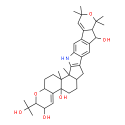 ChemSpider 2D Image | 2-(2-Hydroxy-2-propanyl)-10,10,12,12,15b,15c-hexamethyl-2,3,5,6,6a,7,9,9a,10,12,15,15b,15c,16,17,17a-hexadecahydro-4bH-chromeno[5',6':6,7]indeno[1,2-b]pyrano[4',3':3,4]cyclopenta[1,2-f]indole-3,4b,9-t
riol | C37H49NO6