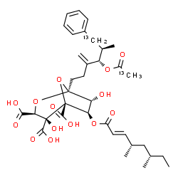 ChemSpider 2D Image | (1S,3S,4S,5R,6R,7R)-6-{[(2E,4S,6S)-4,6-Dimethyl-2-octenoyl]oxy}-1-[(4S,5R)-4-[(2-~13~C)ethanoyloxy]-5-methyl-3-methylene-6-phenyl(6-~13~C)hexyl]-4,7-dihydroxy-2,8-dioxabicyclo[3.2.1]octane-3,4,5-trica
rboxylic acid | C3313C2H46O14