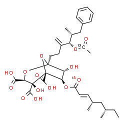 ChemSpider 2D Image | (1S,3S,4S,5R,6R,7R)-6-{[(2E,4S,6S)-4,6-Dimethyl-1-(~18~O)oxo-2-octen-1-yl]oxy}-1-{(4S,5R)-4-[(1-~13~C)ethanoyloxy]-5-methyl-3-methylene-6-phenylhexyl}-4,7-dihydroxy-2,8-dioxabicyclo[3.2.1]octane-3,4,5
-tricarboxylic acid | C3413CH46O1318O