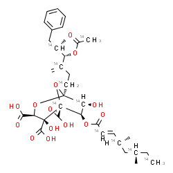 ChemSpider 2D Image | (1S,3S,4S,5R,6R,7R)-6-{[(2E,4S,6S)-4,6-Dimethyl(2,4,6,8-~14~C_4_)-2-octenoyl]oxy}-1-[(4S,5R)-4-[(2-~14~C)ethanoyloxy]-5-methyl-3-methylene-6-phenyl(1,3,5-~14~C_3_)hexyl]-4,7-dihydroxy(5,7-~14~C_2_)-2,
8-dioxabicyclo[3.2.1]octane-3,4,5-tricarboxylic acid | C2514C10H46O14