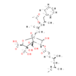 ChemSpider 2D Image | (1S,3S,4S,5R,6R,7R)-6-{[(2E,4S,6S)-4,6-Bis[(~13~C)methyl](1,3,5,7-~13~C_4_)-2-octenoyl]oxy}-1-[(4S,5R)-4-[(1-~13~C)ethanoyloxy]-5-(~13~C)methyl-3-(~13~C)methylene-6-(~13~C_6_)phenyl(2,4-~13~C_2_)hexyl
]-4,7-dihydroxy(1,6-~13~C_2_)-2,8-dioxabicyclo[3.2.1]octane-3,4,5-(3,4-~13~C_2_)tricarboxylic acid | C1413C21H46O14