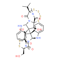 ChemSpider 2D Image | (1S,2S,3S,11R,14S)-2-Hydroxy-3-[(1S,2S,3R,11S,14S)-2-hydroxy-14-(hydroxymethyl)-18-methyl-13,17-dioxo-15,16-dithia-10,12,18-triazapentacyclo[12.2.2.0~1,12~.0~3,11~.0~4,9~]octadeca-4,6,8-trien-3-yl]-14
-isopropyl-20-methyl-15,16,17,18-tetrathia-10,12,20-triazapentacyclo[12.4.2.0~1,12~.0~3,11~.0~4,9~]icosa-4,6,8-triene-13,19-dione | C32H32N6O7S6