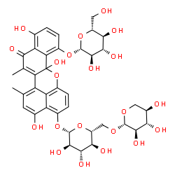 ChemSpider 2D Image | 8-(beta-D-Glucopyranosyloxy)-3,7a,11-trihydroxy-1,13-dimethyl-12-oxo-7a,12-dihydrodibenzo[c,kl]xanthen-4-yl 6-O-beta-D-xylopyranosyl-beta-D-glucopyranoside | C39H44O21