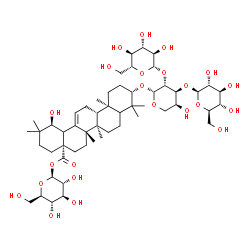 ChemSpider 2D Image | [(2S,3R,4S,5S,6R)-3,4,5-trihydroxy-6-(hydroxymethyl)tetrahydropyran-2-yl] (1S,4aR,6aR,6aS,6bR,10S,12aR)-1-hydroxy-10-[(2R,3R,4S,5S)-5-hydroxy-3,4-bis[[(2S,3R,4S,5S,6R)-3,4,5-trihydroxy-6-(hydroxymethyl)tetrahydropyran-2-yl]oxy]tetrahydropyran-2-yl]oxy-2,2,6a,6b,9,9,12a-heptamethyl-1,3,4,5,6,6a,7,8,8a,10,11,12,13,14b-tetradecahydropicene-4a-carboxylate | C53H86O23